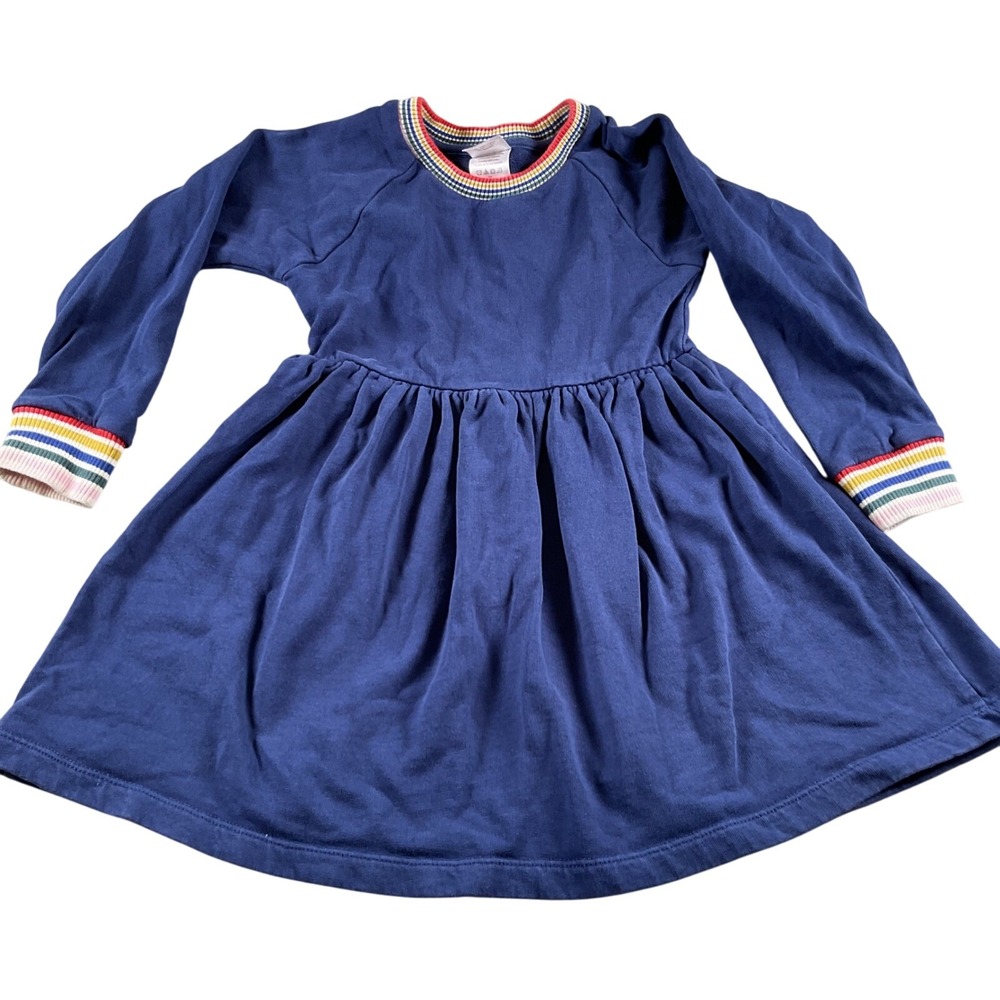 Hanna Andersson Girls Blue Long Sleeve Knit Dress Rainbow Trim Size US 5